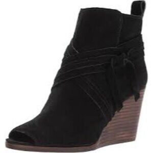 Lucky Brand Leather Peep Toe Ankle Booties Udom Pump Wedge Heel 8.5 Black